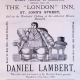 A vintage advertisement featuring an illustration of a large man seated in a chair, promoting the clothing of Daniel Lambert, who is described as a "celebrated Human Mammoth" and noted for his extraordinary size.