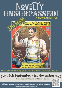 Poster advertising an exhibition on circus posters and playbills, featuring a vintage strongman illustration and event details at Stamford Town Hall, with free entry noted.