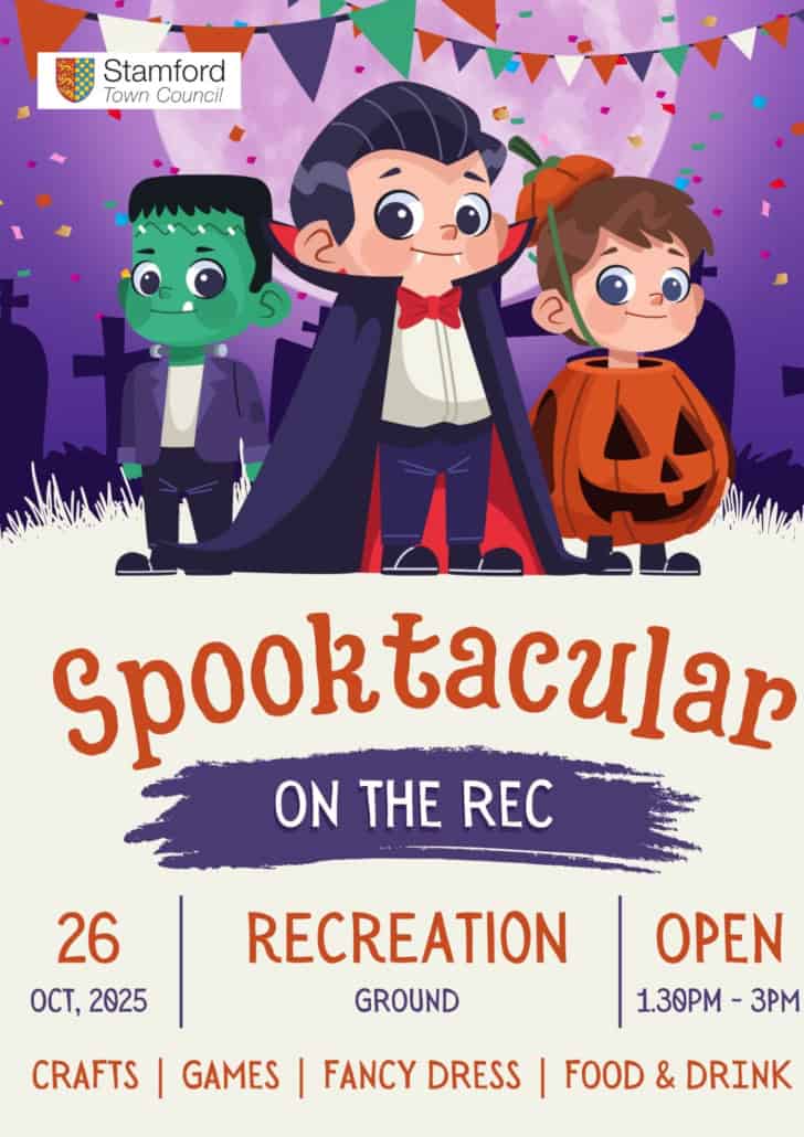 A Halloween event poster features cartoon children in costumes—Frankenstein, vampire, and pumpkin—with event details for "Spooktacular on the Rec" on October 26, 2025.